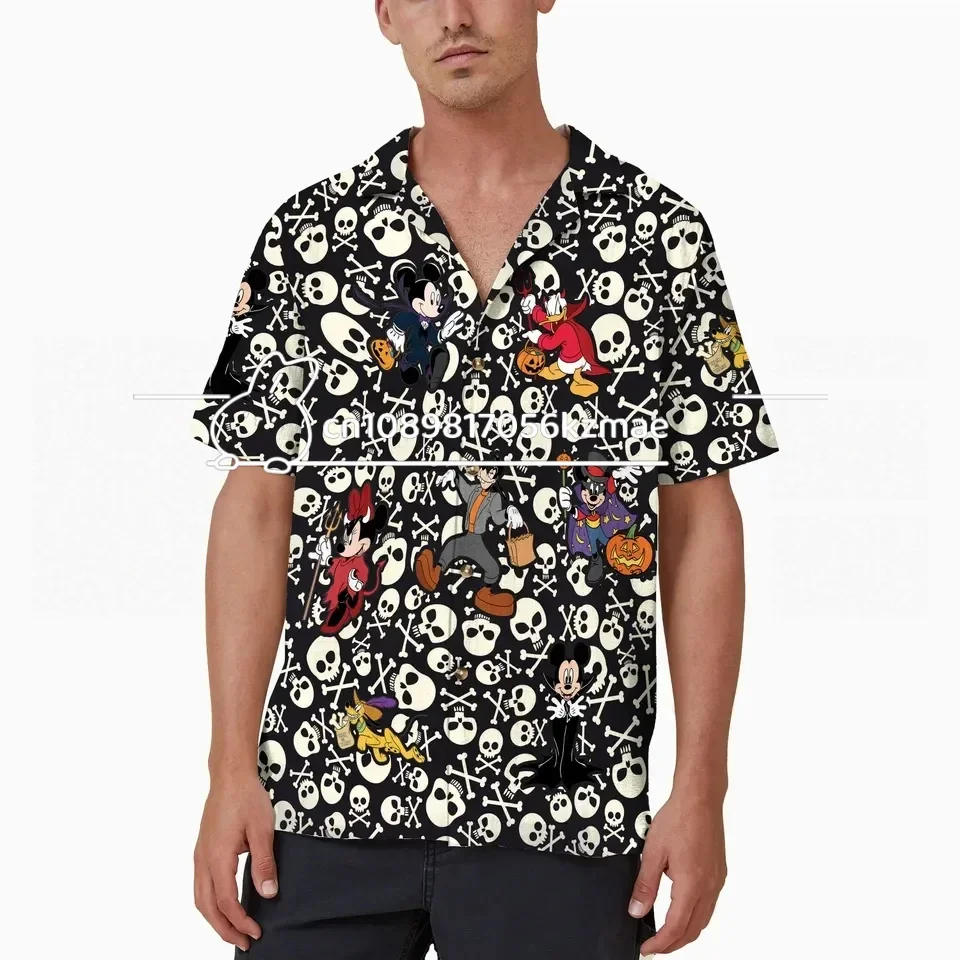 2024 New Disney Skeleton Disney Hawaiian Shirt Mickey's Not So Scary Halloween Hawaiian Shirt Men's Lapel Short Sleeve Slim Fit