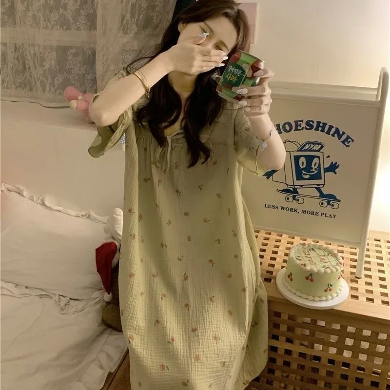 Sweet Korean Style Pajamas Dress Green Peach Printed Summer Sleepwear Nightdress Short Sleeve V Neck Cute Homewear Nightgown