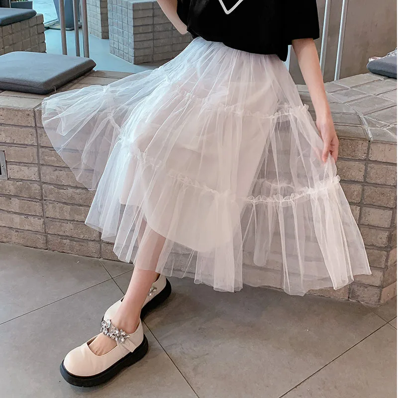 Elegant Children Blue Black Color Long Mesh Wrap Layered Skirt For Teens Girl Fashion A-line Skirt with Mesh Kids Age 5-14 Years