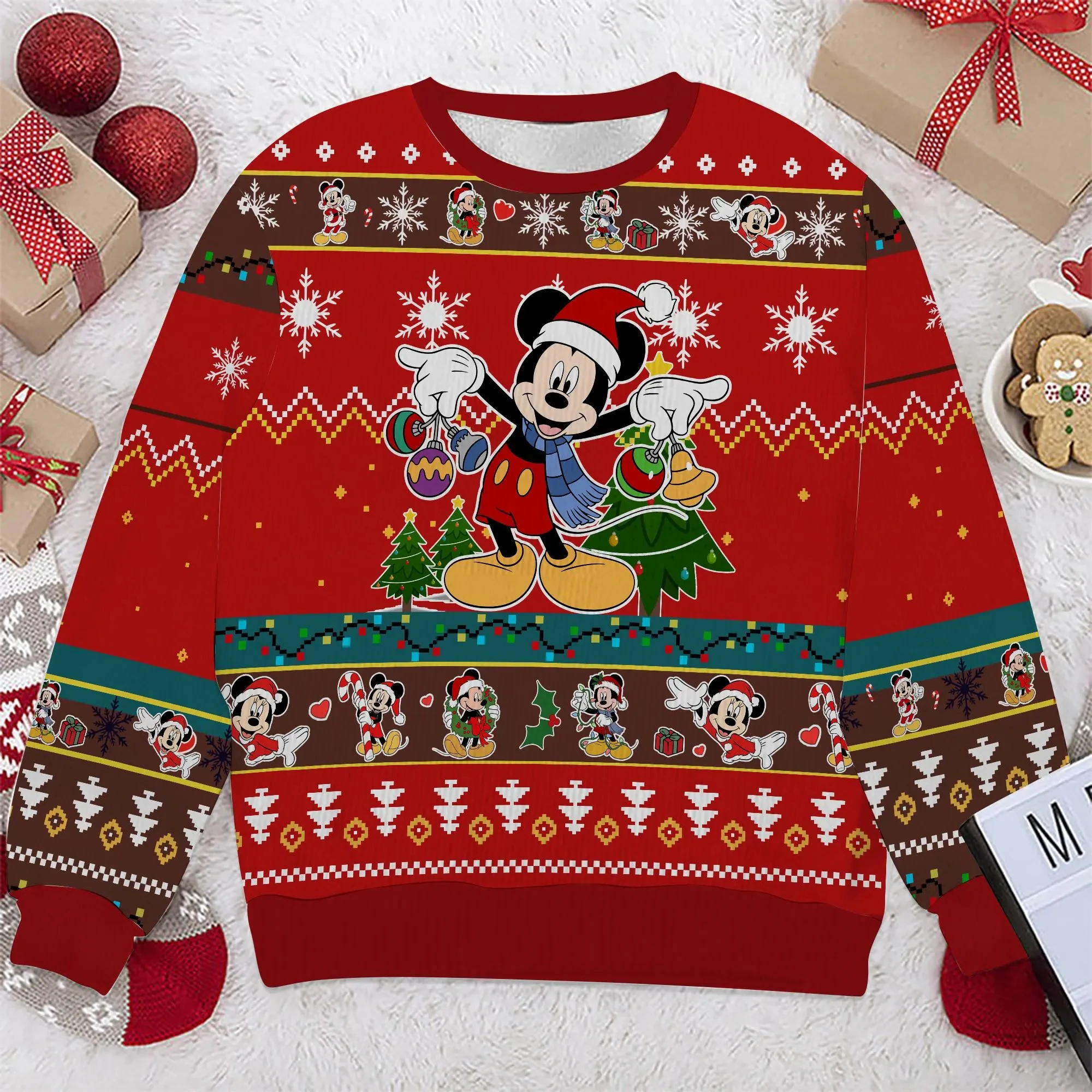 سويت شيرت لطيف للأطفال من Disney، سويت شيرت بأكمام طويلة مطبوع عليه ميكي ميني، قميص علوي لخريف وشتاء عيد الميلاد للاستخدام الداخلي والخارجي