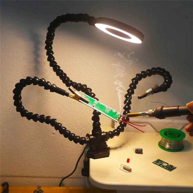 A93E-Soldering Helping Hand Desk Clamp PCB Holder Third Welding Station Flexible Arms LED Lamp Lighting Welding Tools