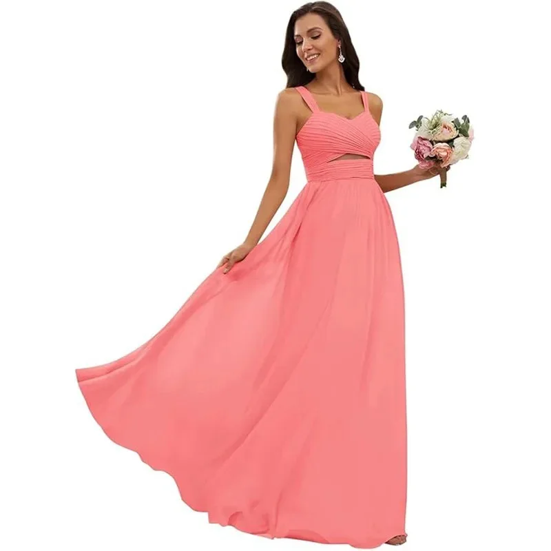 تخصيص السباغيتي الأشرطة فساتين وصيفة الشرف الشيفون ألف خط الخامس الرقبة عارية الذراعين حفل زفاف فستان الضيوف عارية الذراعين متقاطع