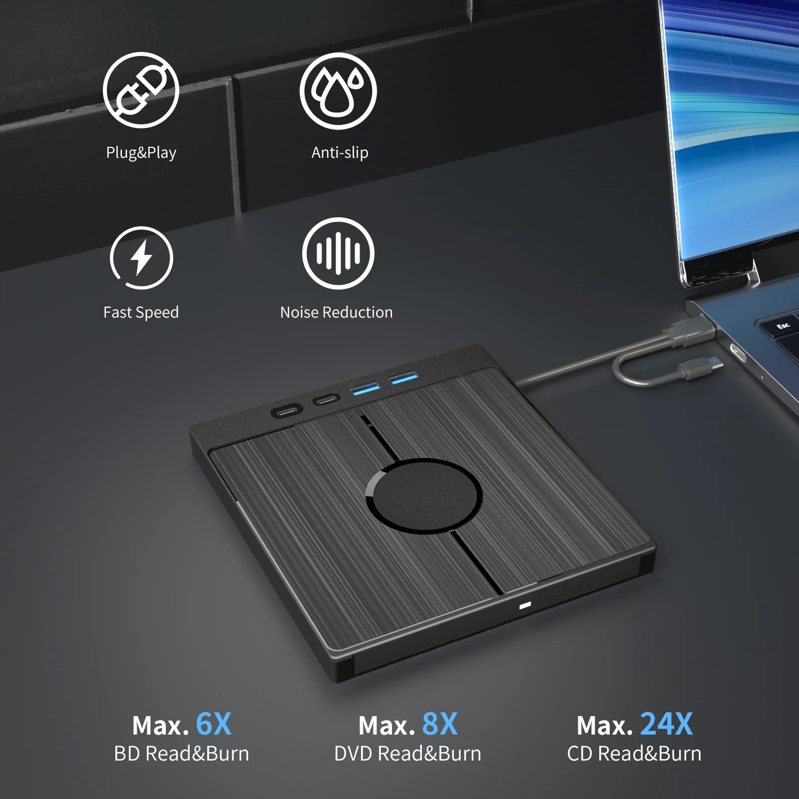 7 in 1 External Blu Ray Drive Portable Bluray Player CD DVD Recorder Burner Support 100G Disc R/W for Windows Linux MacOS Laptop