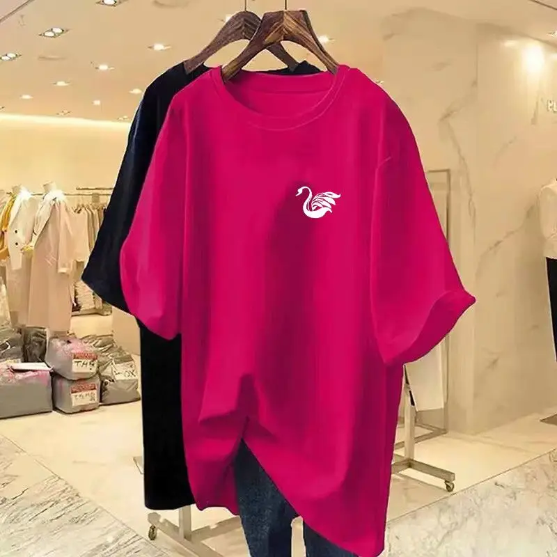 

Women's Simple Swan Shaped Printed Pullover 2024 New Fashion Crew Neck Short Sleeve Pure Cotton Loose Versatile Basics Top Tee