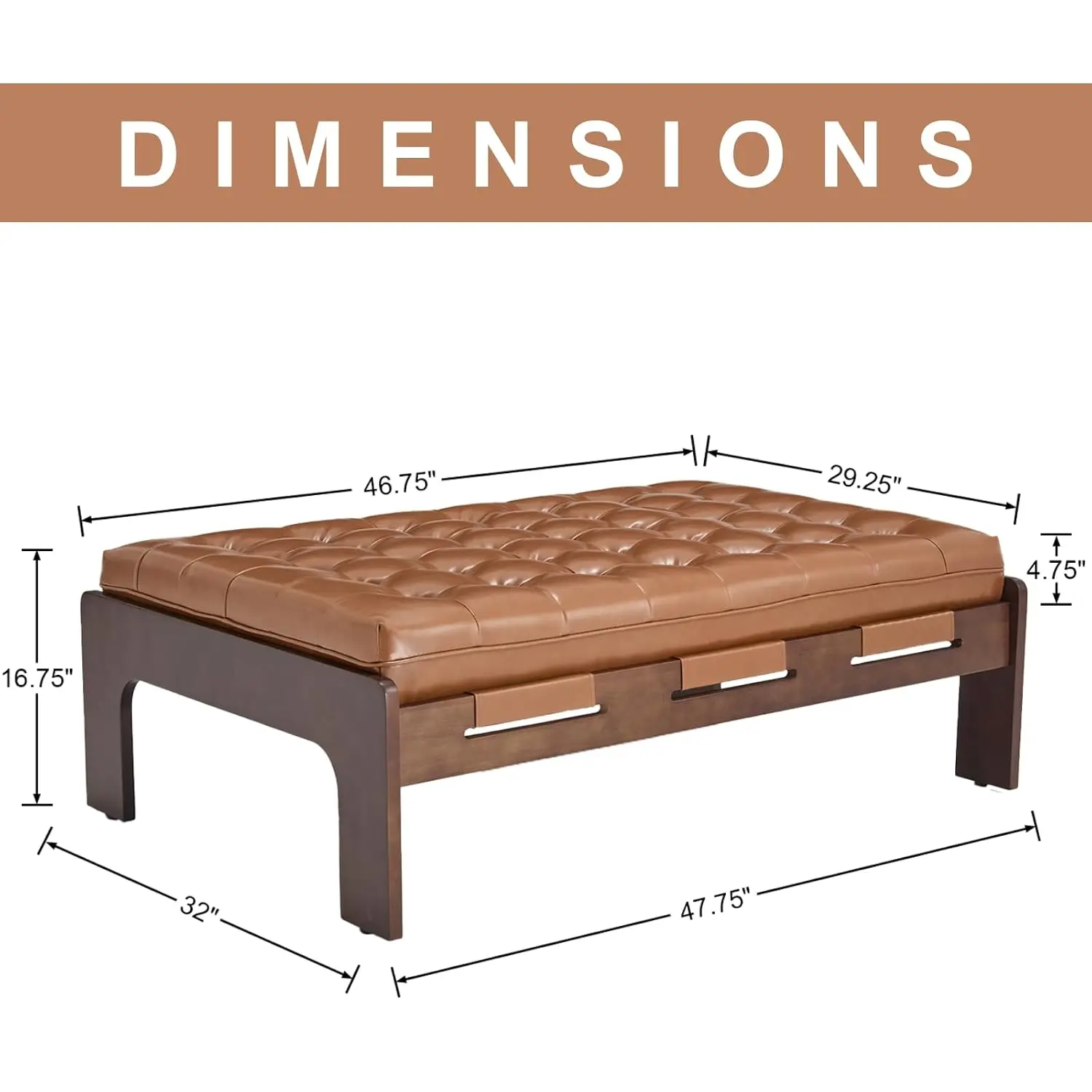 Large Rectangle Ottoman Coffee Table, Tufted Faux Leather Living Room With Solid Wood Frame, Oversized , Customized