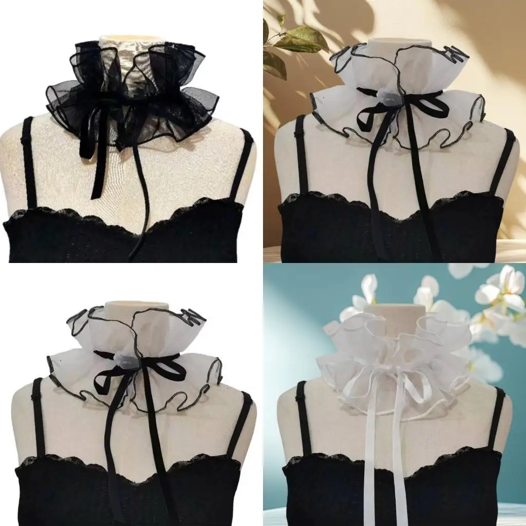 

652F Organza Ruffled Collar Girls Sheer Victorian Collar Lapel Medieval Cosplay Victorian Ruffled Shawl Collar