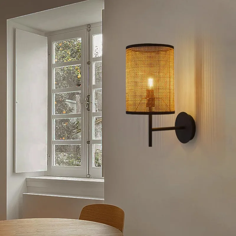 

Ваби-Саби ручной вязки светодиодный настенный светильник винтажный плетение из ротанга цилиндр настенные бра спальня прикроватная тумбочка гостиная освещение коридора