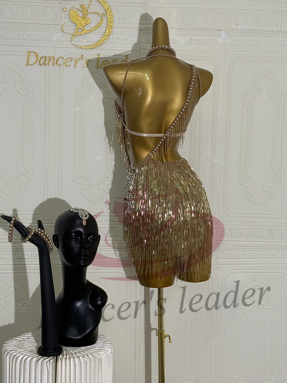 Vestido de baile latino para niños y adultos, piedra AB, tubo de perlas dorado personalizado de alta gama, borla de perlas, ropa de mujer Cha Tango