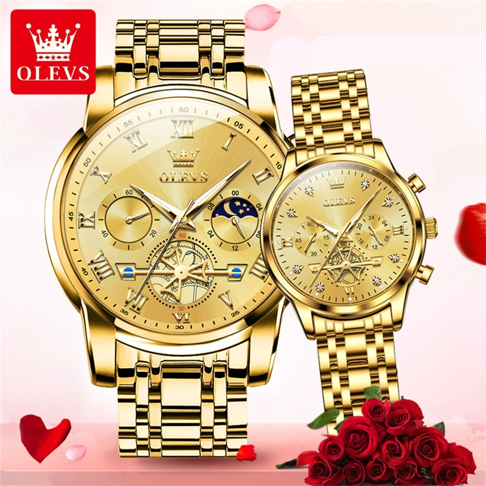 OLEVS Couple Watches for Man Woman Fashion Luxury Flywheel Design Stainless Steel Waterproof Luminous Chronograph Quartz Watches