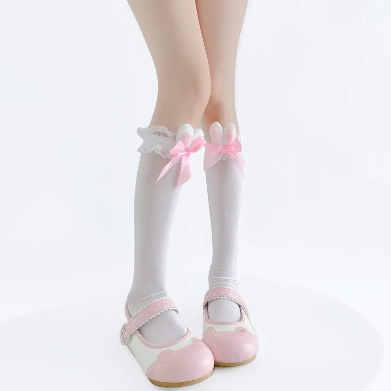 Lovely Velvet Calf/Over The Knee Socks For Girls Adorned With Cute Pink Rabbit Ears Bow And Lace Fringe Comft Stretchy Stockings