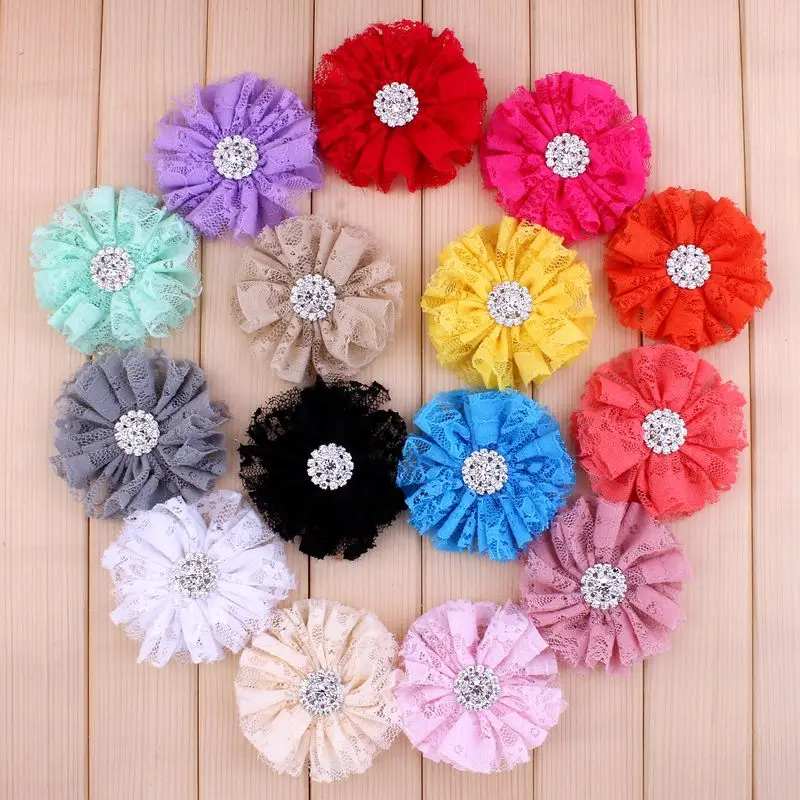 120pcs/lot 7cm 15colors Shabby Lace Mesh Flower+Rhinestone Button For Kids Girls Hair Accessories Fabric Flowers For Headbands