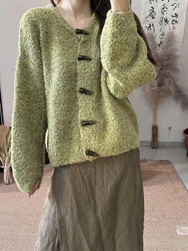 

Retro Button-Up Loose Women's Sweater Jaet Soft Pure Color Open Cardigan Versatile Slimming Comfortable Korean Sle Commute