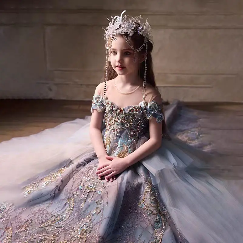 Jill Wish J249 Luxury Vintage Crystal Flower Girl Dress Arabic Appliques for Princess Kids Birthday Wedding Party Pageant Gown