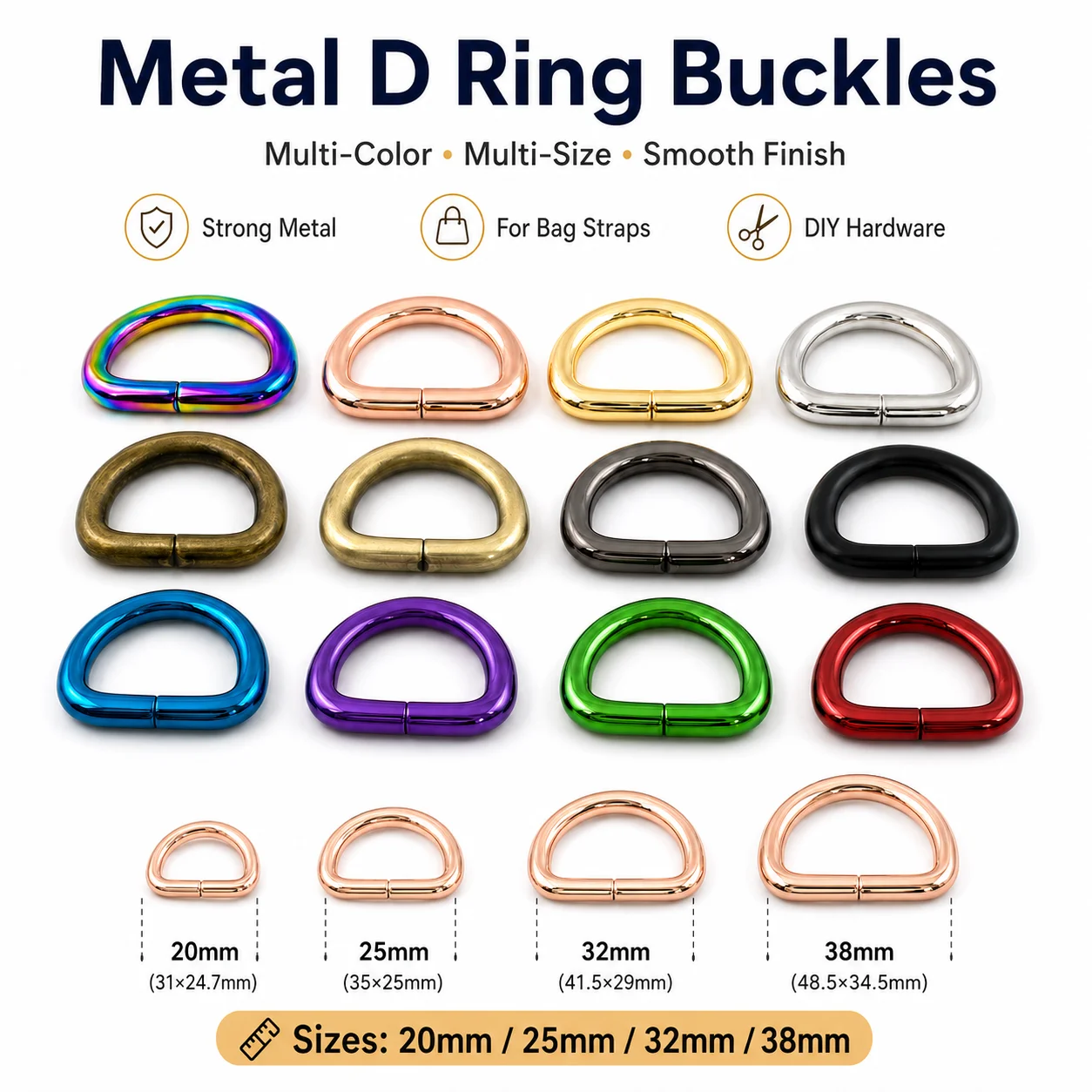 

10/20Pcs Metal D Ring Buckles 20-38mm Bag Strap Connector Clasp Dog Leash Adjuster Loop Hook DIY Hardware Accessories