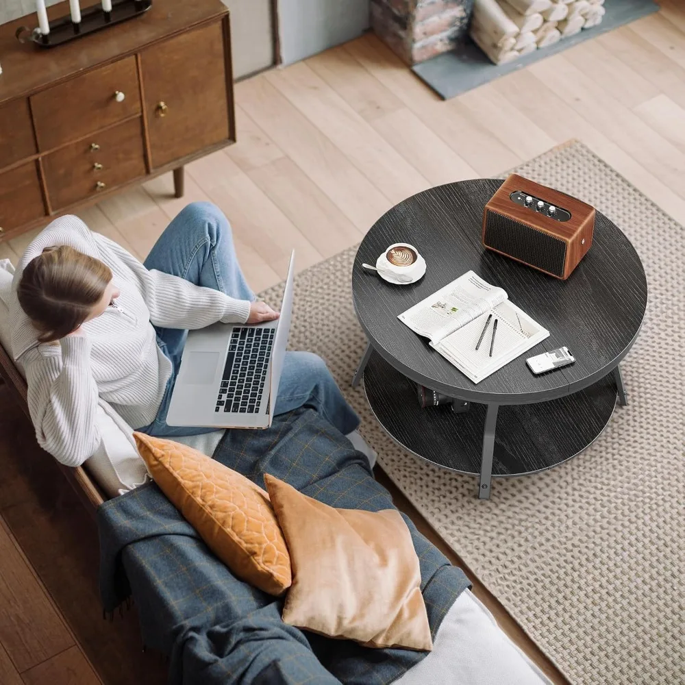 طاولة قهوة مستديرة صناعية حديثة بطبقتين مع سطح خشبي سميك لغرفة المعيشة