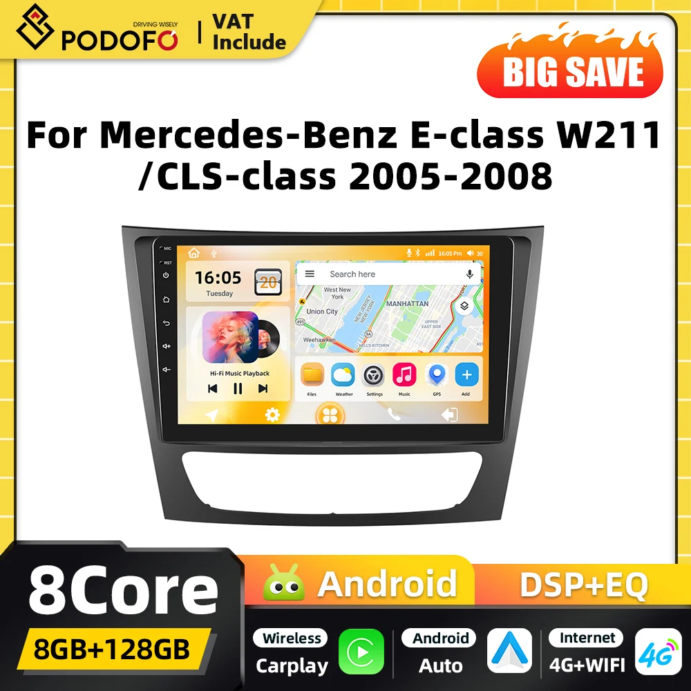 Autoradio Android 2din Podofo per Mercedes Benz Classe E W211/Classe CLS 2005-2008 con Android Auto, Carplay, GPS, WIFI, FM, RDS