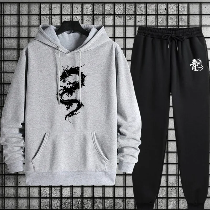 

2025 Hot Sale Mens Sportswear Chinese Dragon Print Sweatshirt + Pants 2pcs Set Urban Casual Fashion Tracksuit Casual Sports Suit