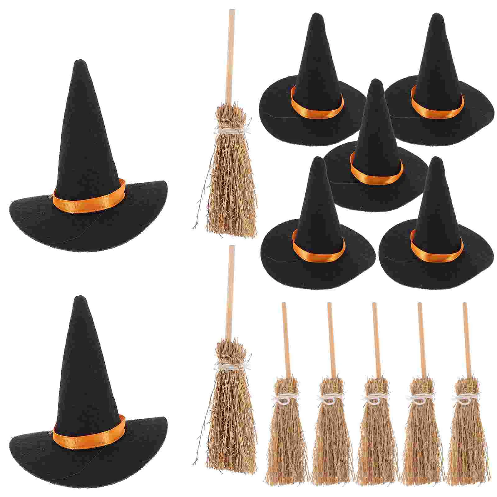 7 Set Halloween Felt Witch Hat Broom Caps Wizard Hats for Dolls Costume Decorations Small Crafts Tiny Decors Bottle Child