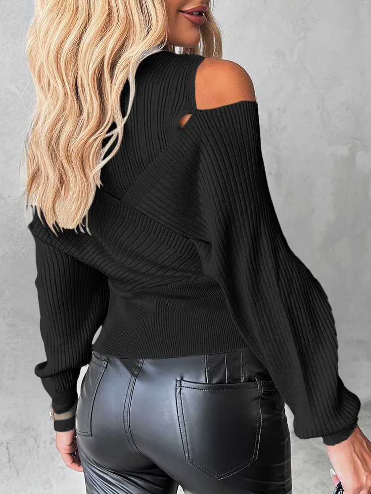 Overlap Hollow Out Sweater Women Knit Pullovers Turtleneck Tops Cross Jumpers Woman Clothing Sexy Cold Shoulder Top Sweaters