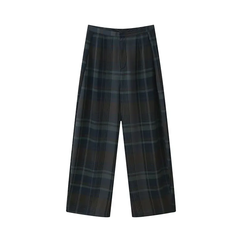 NLZGMSJ 2026 Lente Casual Geruite Broek Vrouwen Set Mode Droop Geplooide Top Rechte Broek 2 Delige Sets Voor Vrouw Outfit