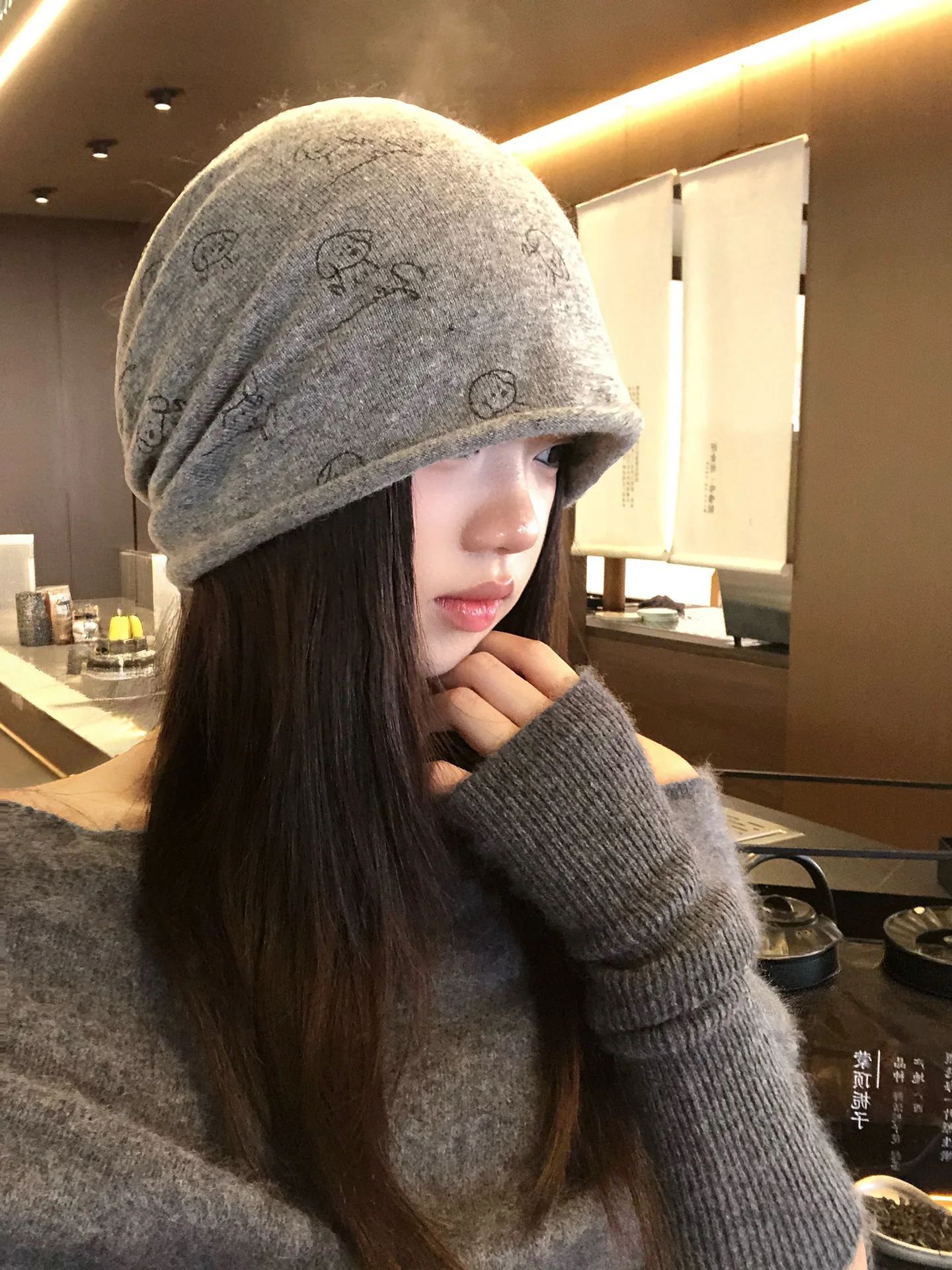 Cute Embroidered Dog Knitted Cuffed Beanie Women's Sweet Versatile Face Slimming Large Head Size Adjustable Overhead Hat