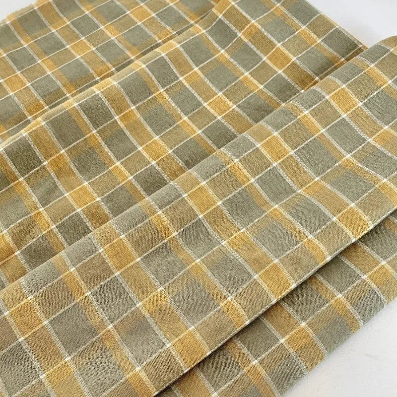 Vintage Yellow Green Washed Plaid Check Crinkle Cotton Linen Fabric Breathable Tablecloth Handcraft DIY Craft Material Garment