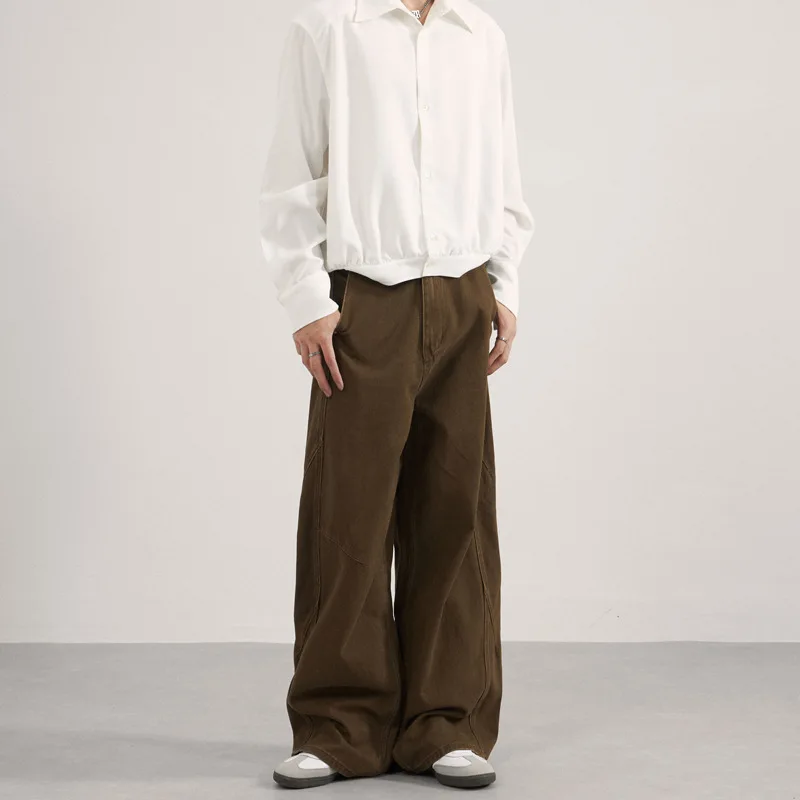 American Vintage New Fashion Men Solid Color Loose Fit Simple Basic Daily Floor Length Casual Simple Basic Denim Trousers Male