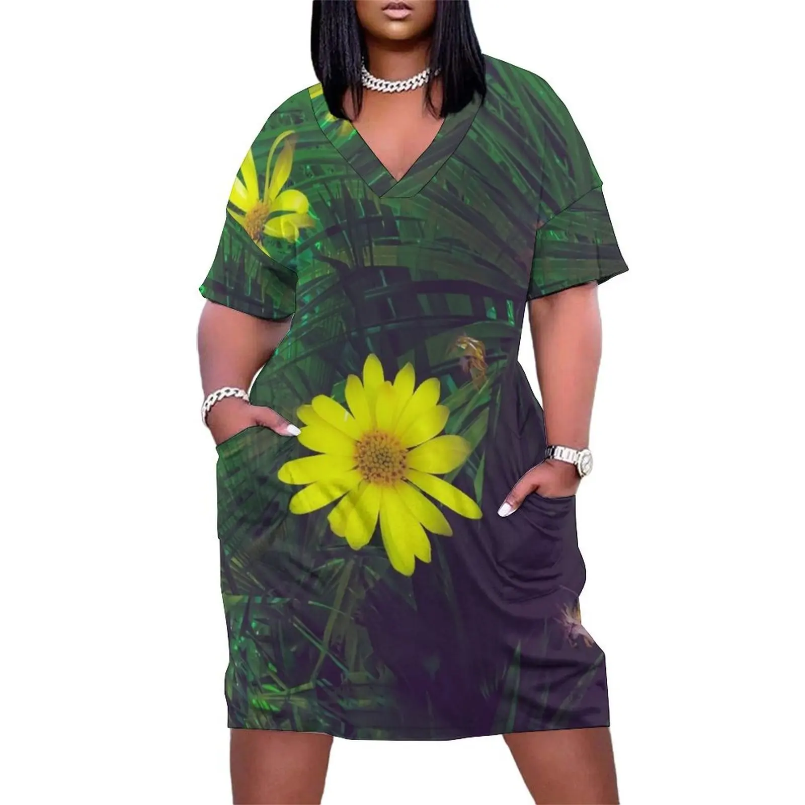 

Blooming yellow flowers with green palm leaves background Loose Pocket Dress party dresses woman summer outfits for women 2025