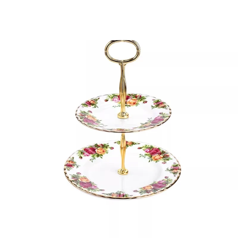 Rose series bone china double-layer cake stand snack plate European style