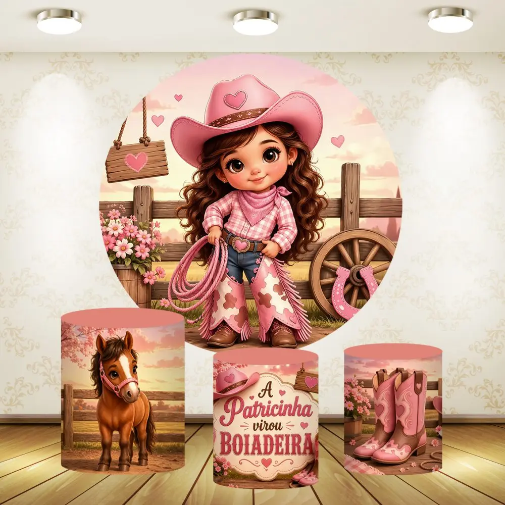 Pink Cowgirl Birthday Round Backdrop Cover Girls Baby Shower Decoration Western Horse Background Cake Table Plinth Covers