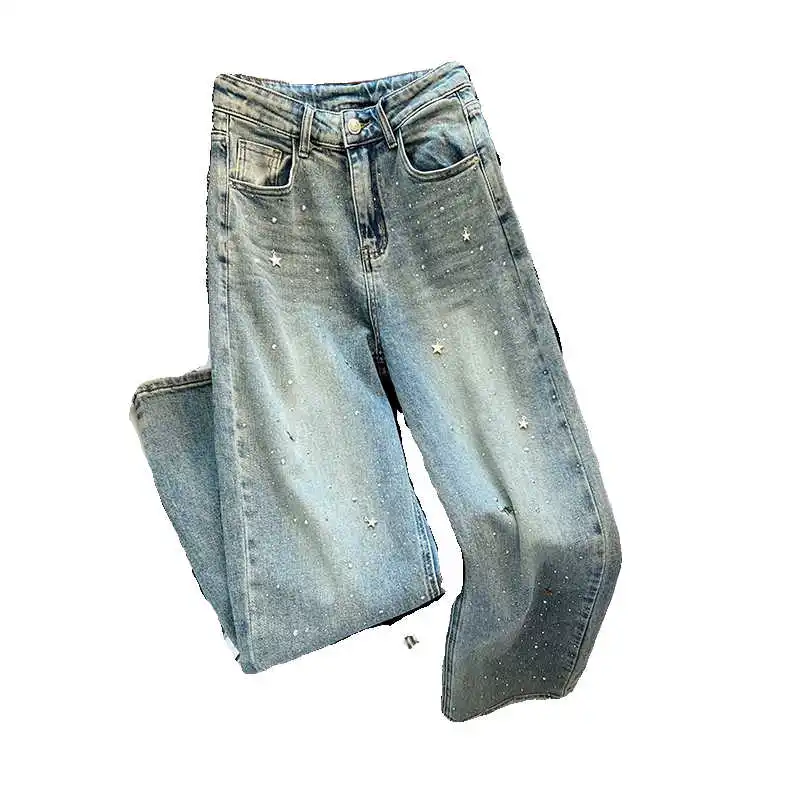 อุตสาหกรรมหนักร้อนเพชรกางเกงยีนส์ผู้หญิงความรู้สึกการออกแบบ Retro กางเกงขากว้างเกาหลีสูงเอวหลวมกางเกงยีนส์ขนาดใหญ่ S-3XL