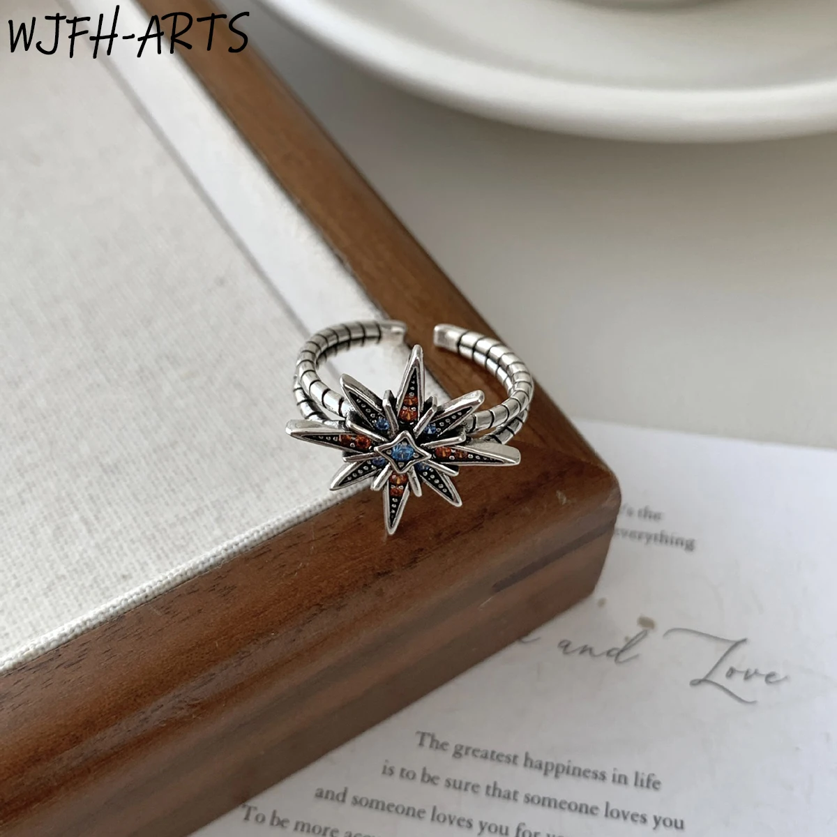 WJFH-ARTS Exquisite Blue Red Crystal Inlay Eight-Pointed Star Vintage Open Rings Women Advanced Silver Plating Adjustable Ring