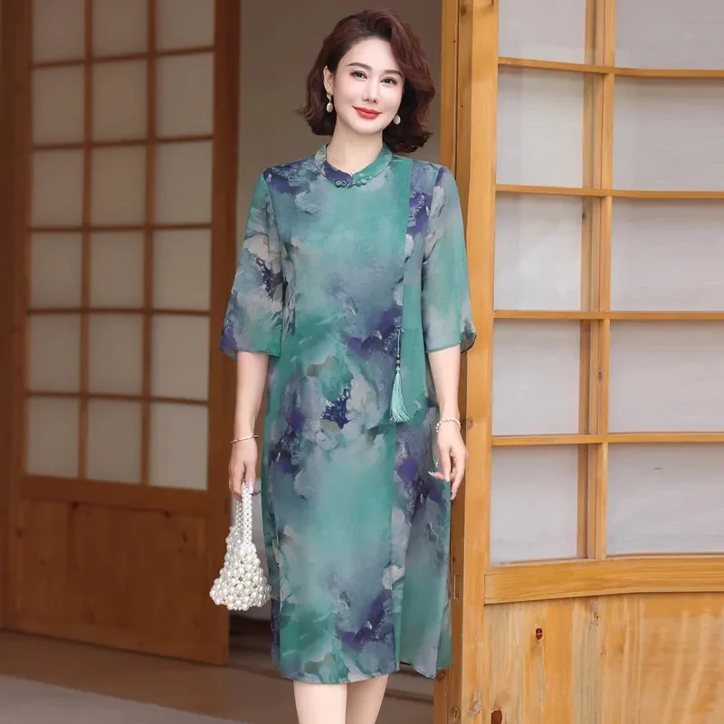 

Elderly Women's Summer Clothing Loose Fitting Middle-Aged Mother's Clothing Chinese Style Dress Exudes A Slimming Temperament