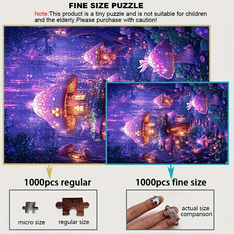 1000 قطعة من أحجية الغابة المسحورة الصغيرة - مشهد قرية الفطر السحري مع أضواء خرافية، 38.0 × 26.01 سم، صعوبة متوسطة