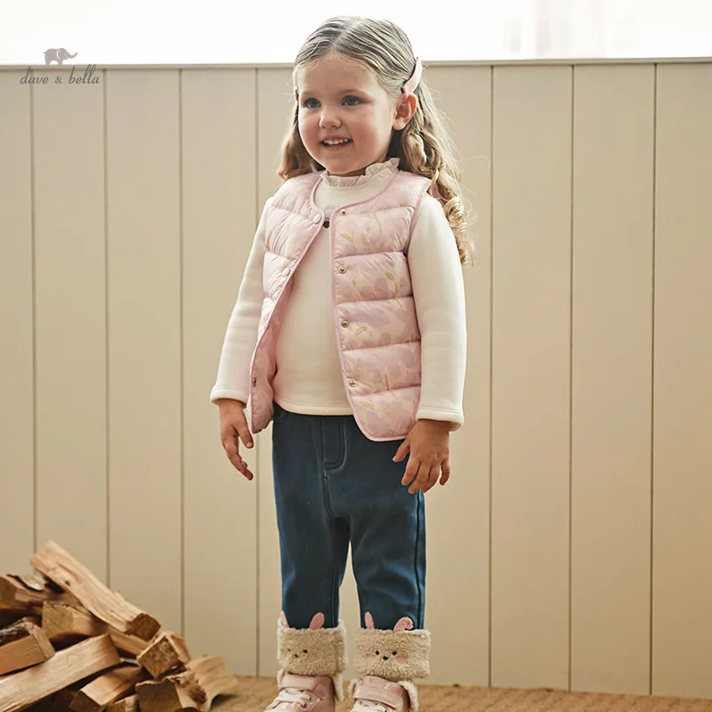 Dave Bella Children Down Vest Tank Top New Autumn Winter Girls Fashion Casual Cute Sweet Floral Party Outdoor DB12472-C