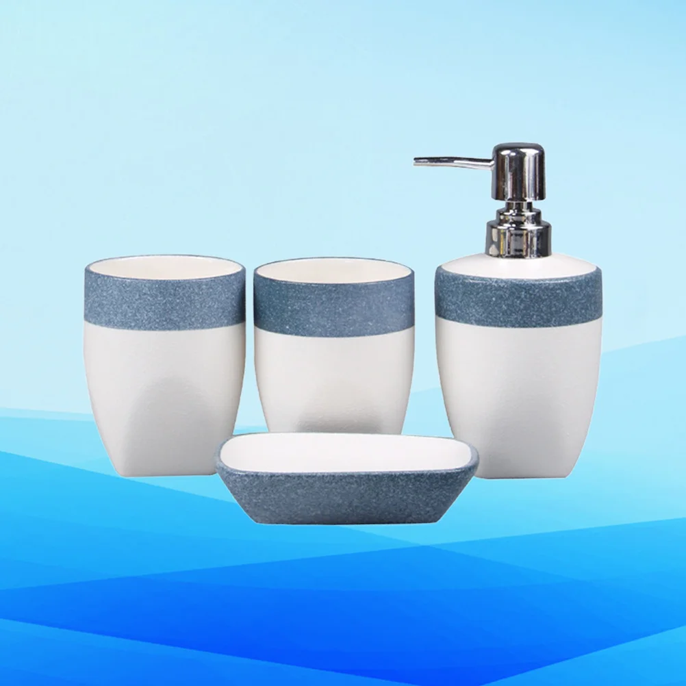 

1Set Blue Ceramic Bathroom Cup Set Minimalist Tooth Mug Soap Box Emulsion Bottle Functional Home Decor Accessory