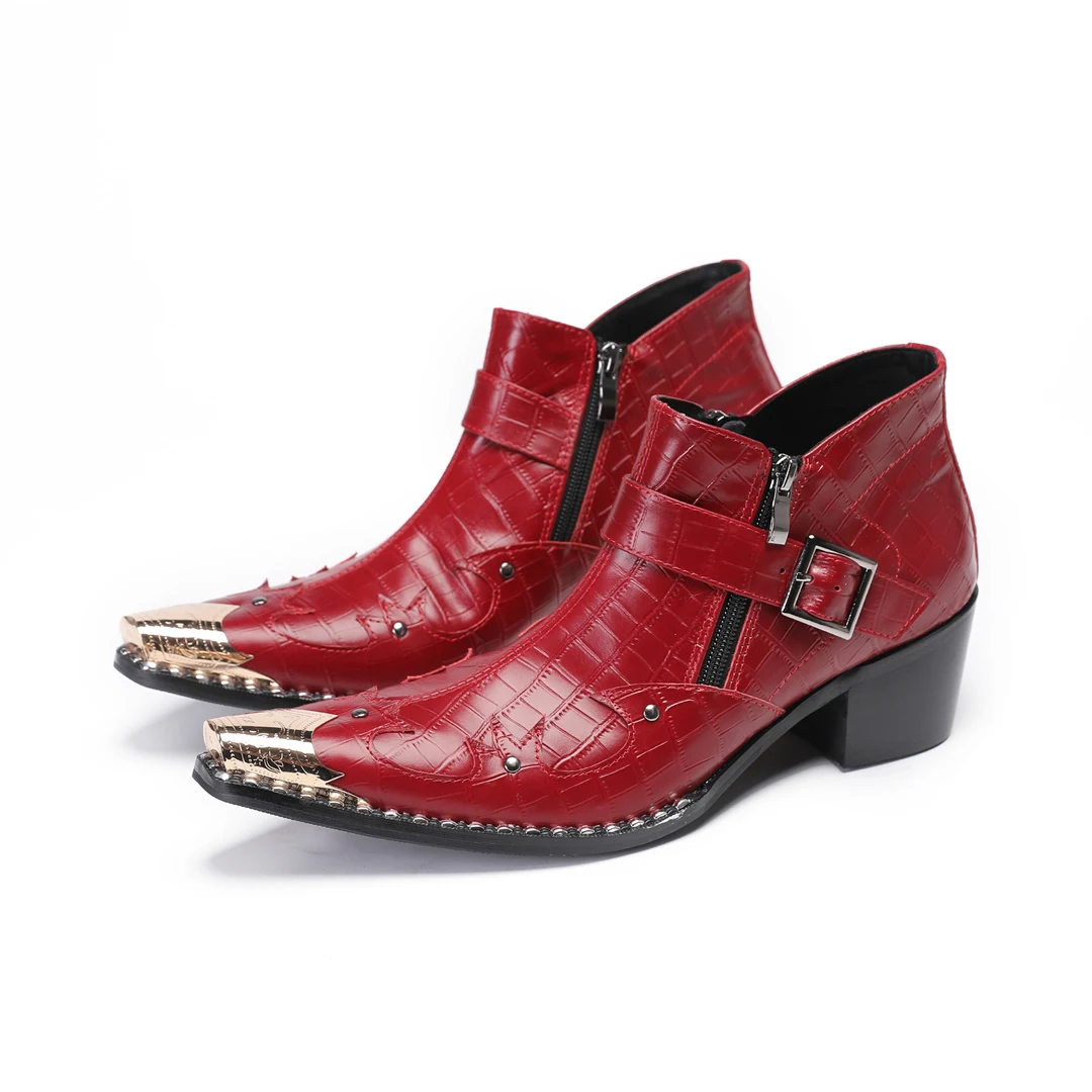 

Botas Red Pointed Toe Buckle Strap Motorcycle Short Boots for Men Male Party Dress Shoes Cowboy Genuine Leather Ankle Boots