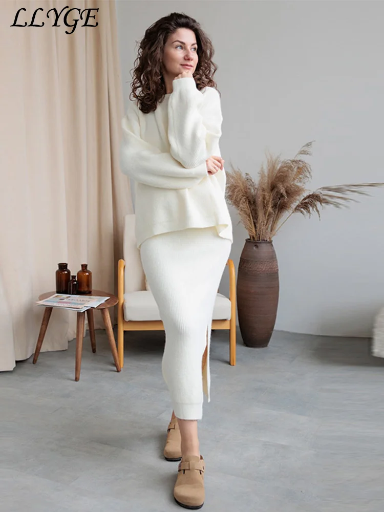Elegant Solid Sweater Skirt Set Women Loose O-neck Pullover High Waist Side Split Skirts 2024 Autumn Lady Casual Knit Outfits