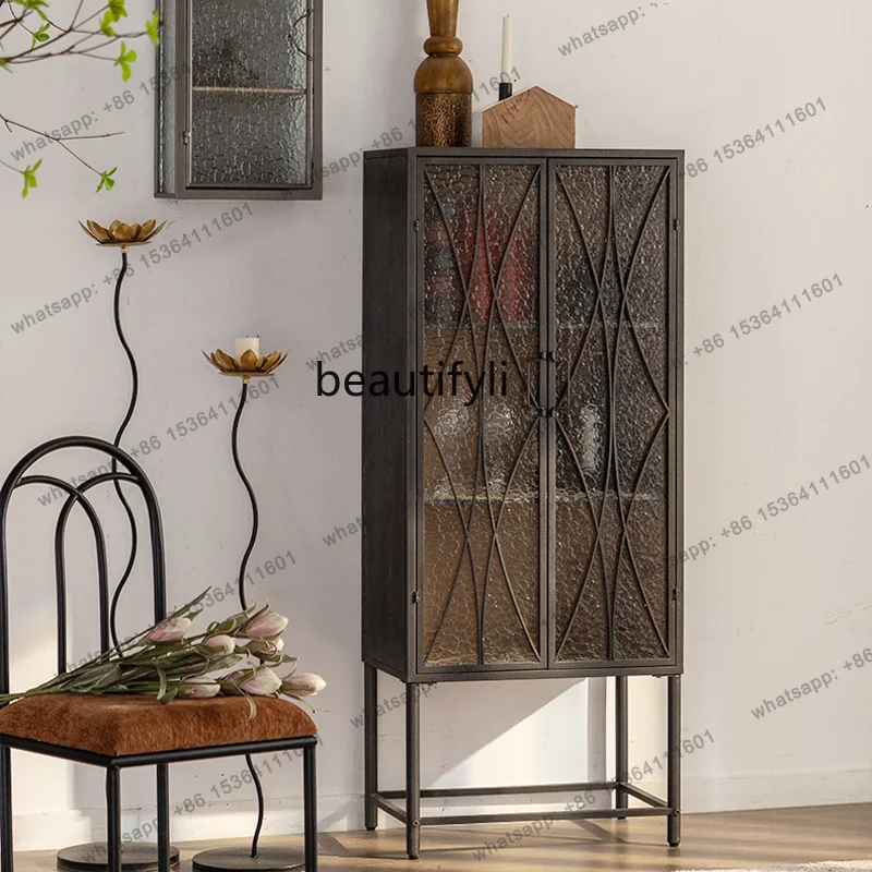 JJ American Retro Dining Side Cabinet Wrought Iron Porch Decorative Shelf Storage Tea And Wine Cabinet