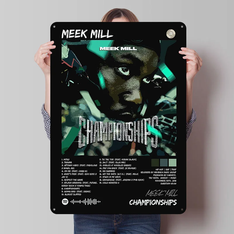 Meek Mill Championships Metal Poster Custom Wall Art Retro Vintage Tinplate Signs for Man Cave Bathroom Decor Room Decorations