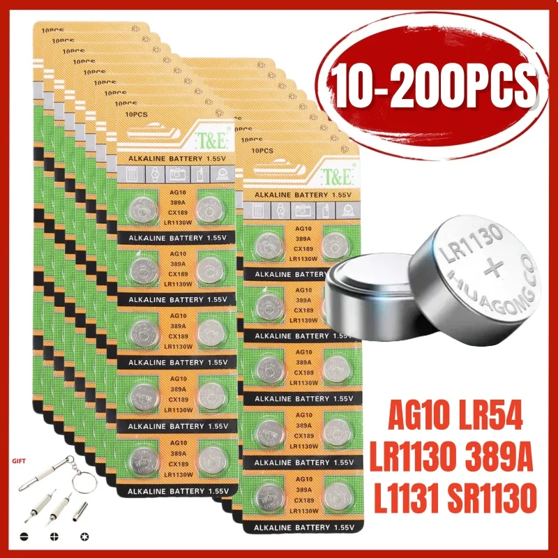 

Hot 10-200PCS AG10 LR54 Button Cell Batteries LR1130 389A L1131 SR1130 1.55V Cell Coin Battery for Watches Calculator