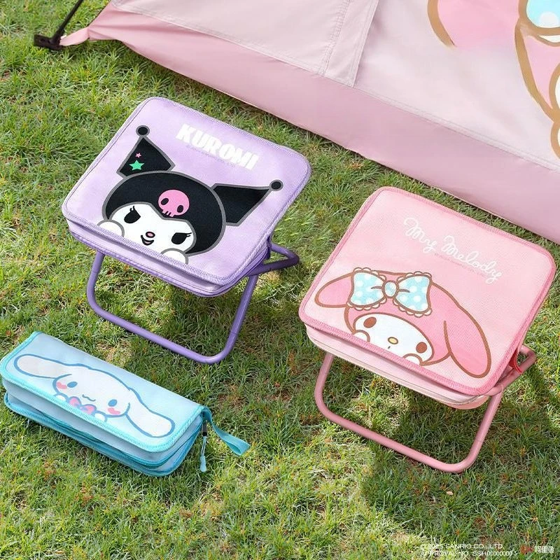 Anime Sanrio Kuromi Foldable Stool with HelloKitty My Melody Cinnamoroll Portable Outdoor Chair Travel Cartoon Kawaii Cute