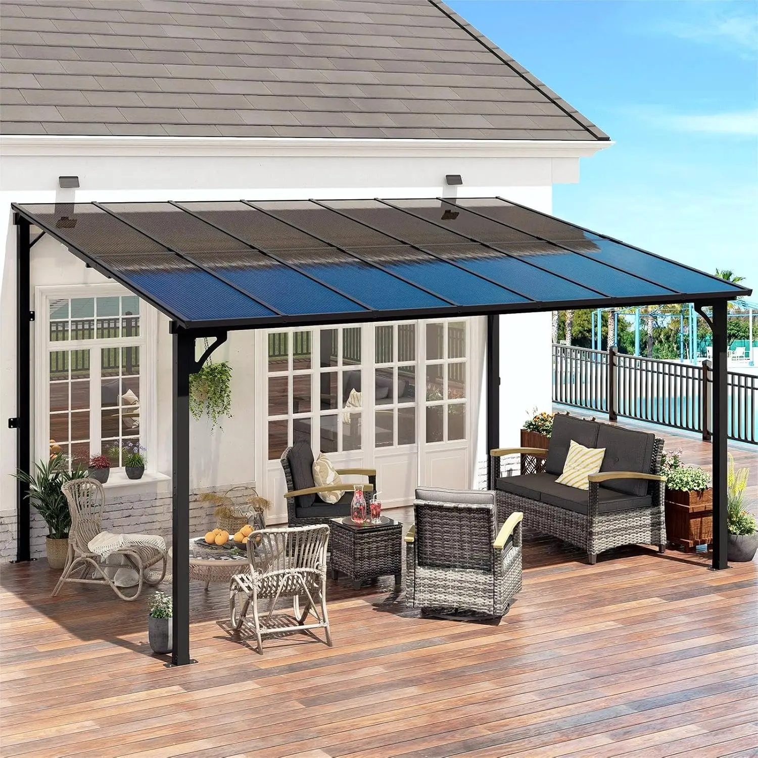 

10' x 14' Pergola with Sloped Roof, Lean to Metal Awning for Outdoor Patio, Deck, Black, Customized