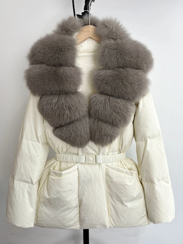 Lagabogy 2025 Large Real Fox Fur Winter Belt Waist-Tight Elegant Warm 90% White Duck Down Jacket Female V-neck Loose Puffer Coat