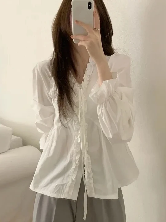 

Korean Style Long Sleeve V-Neck Women's Shirt Knot Flower Fashionable Age-Defying Elegant Personality Shirt