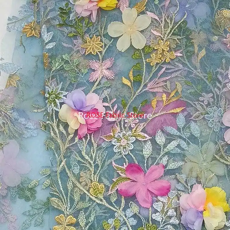 

Красочная кружевная ткань с 3D-цветочной вышивкой, кружевной тюль из листьев и цветочной сетки для свадебного платья, праздничного платья, кружевного халата, вечернего платья
