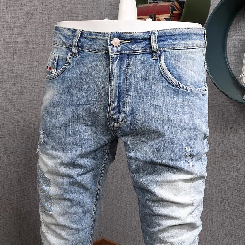 Retro Slim Fit Light Blue Jeans for Men Casual Straight Leg Y2K Style Elastic Designer Fashion Pants