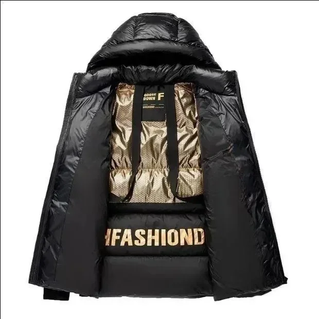 Jaqueta puffer impermeável com capuz para homens e mulheres, sobretudo de pato, casaco de penas preto e dourado, roupa de neve para casal, inverno