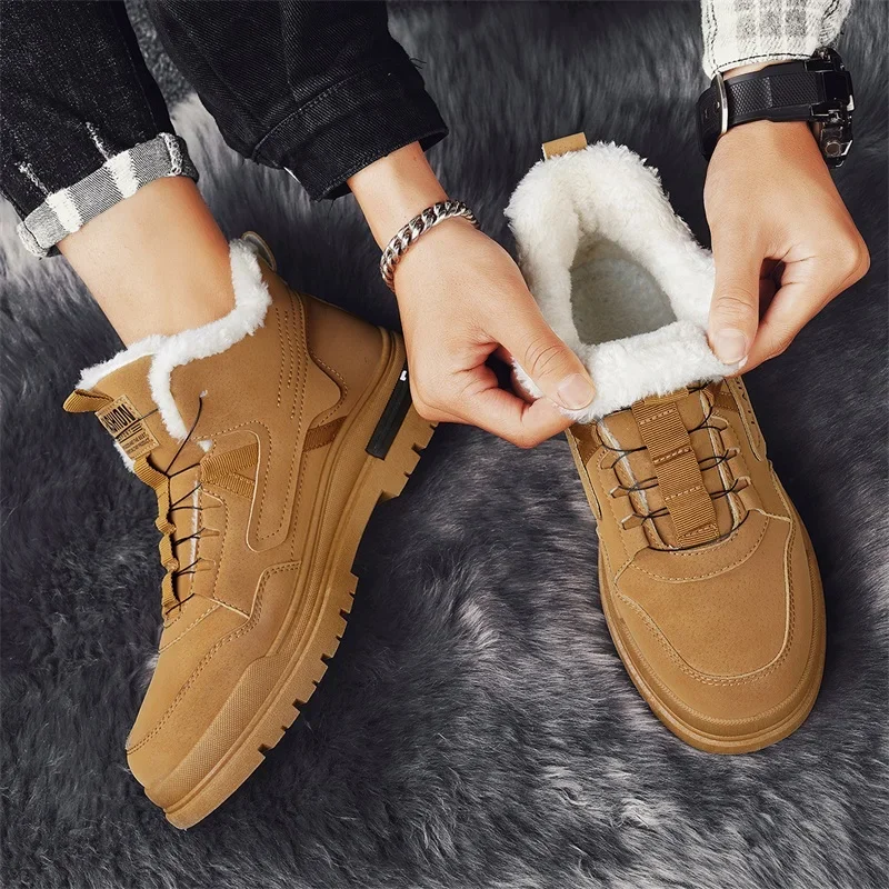 2024 New Leather Men's Boots Winter Platform Warm Fur Ankle Short Lace Up Fashion Casual Work Shoes Botas Platform Boots