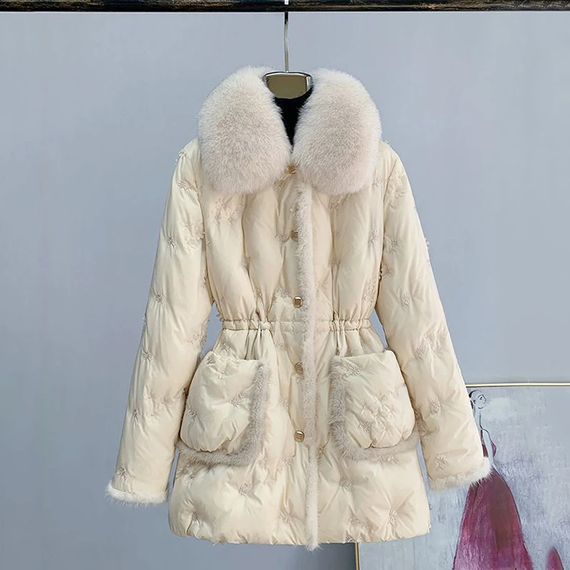 2024 Winter Detachable Fur Collar White Goose Down Snow Parka Medium Long Down Puffer Jacket Warm Single Breasted Overcoat